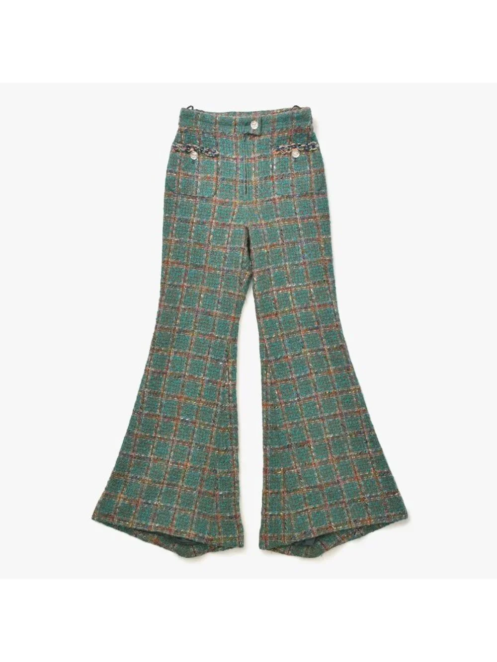 Chanel Tweed Flare Pants CC Logo Green Multicolor